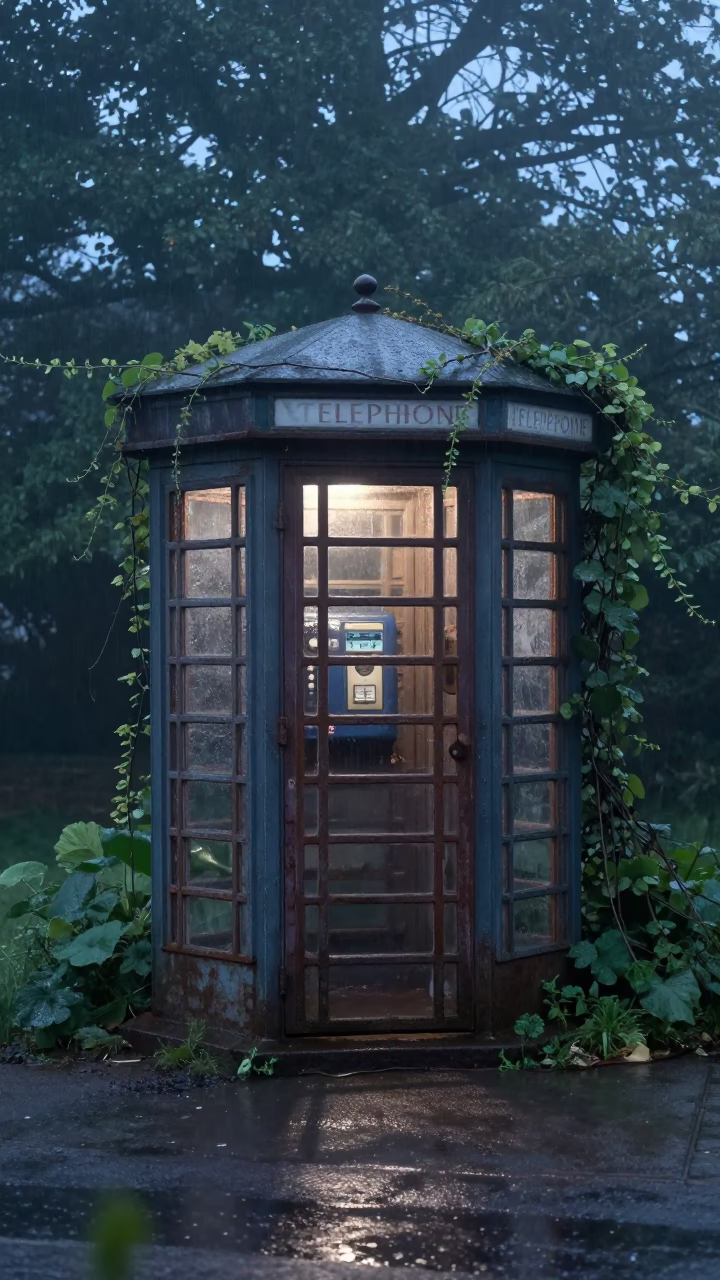 Vine-choked Telephone Exchange at Twilight in Yorkshire in along a vine-choked corridor in Yorkshire