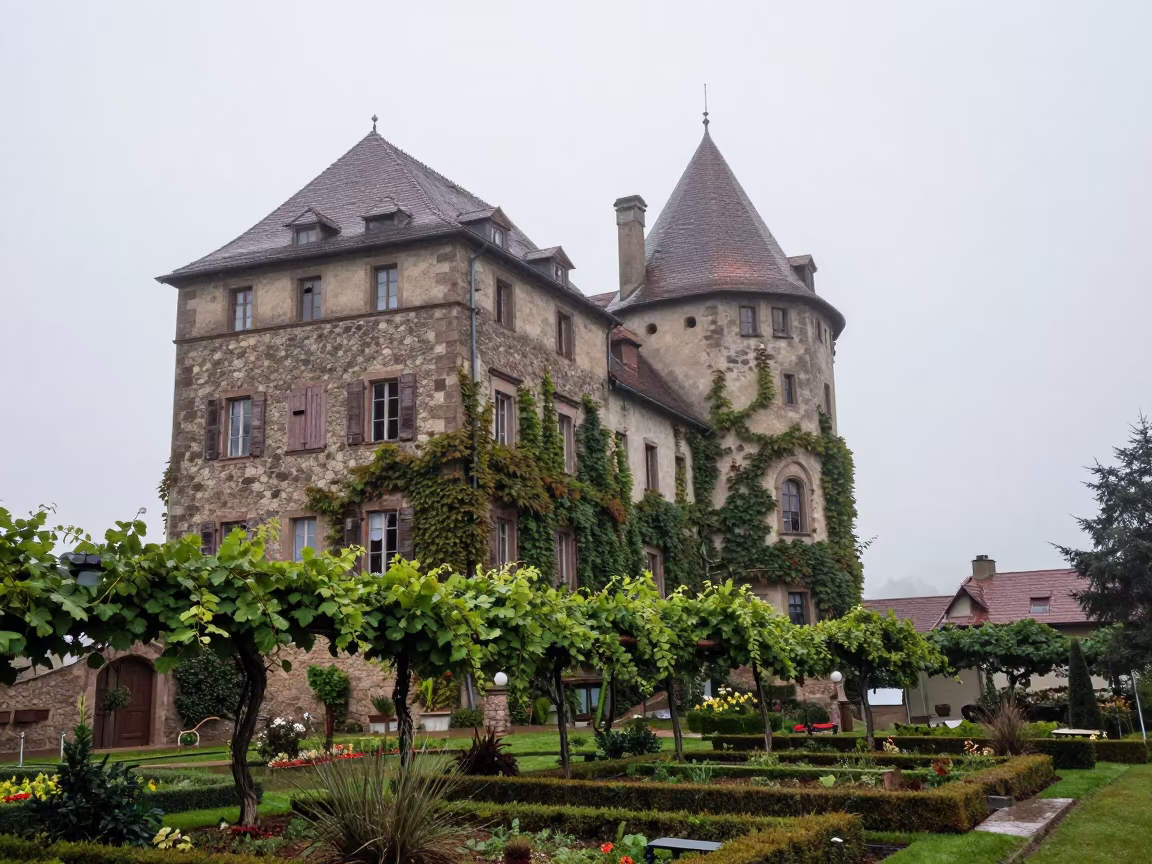 Vine Clad Bavarian Château After Rain in among terraced garden plots in Bavaria