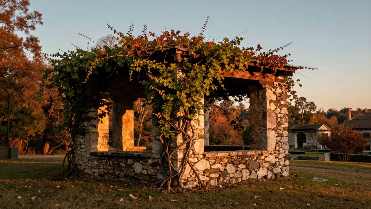 Vine Covered Stone Ruin Sunset Alabama Hammam in inside a roofless hammam in Alabama