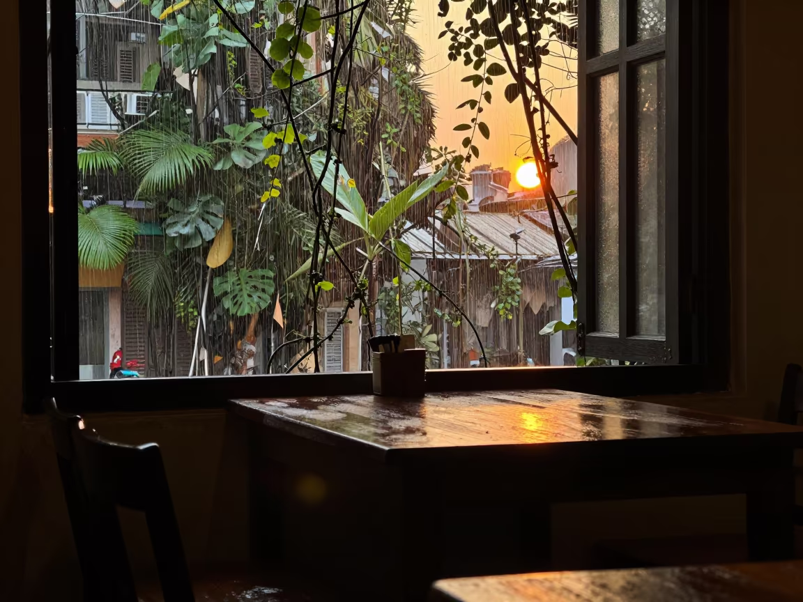 Vines Overgrow Hanoi Hall Table in beside a rain-streaked window in French Quarter, Hanoi