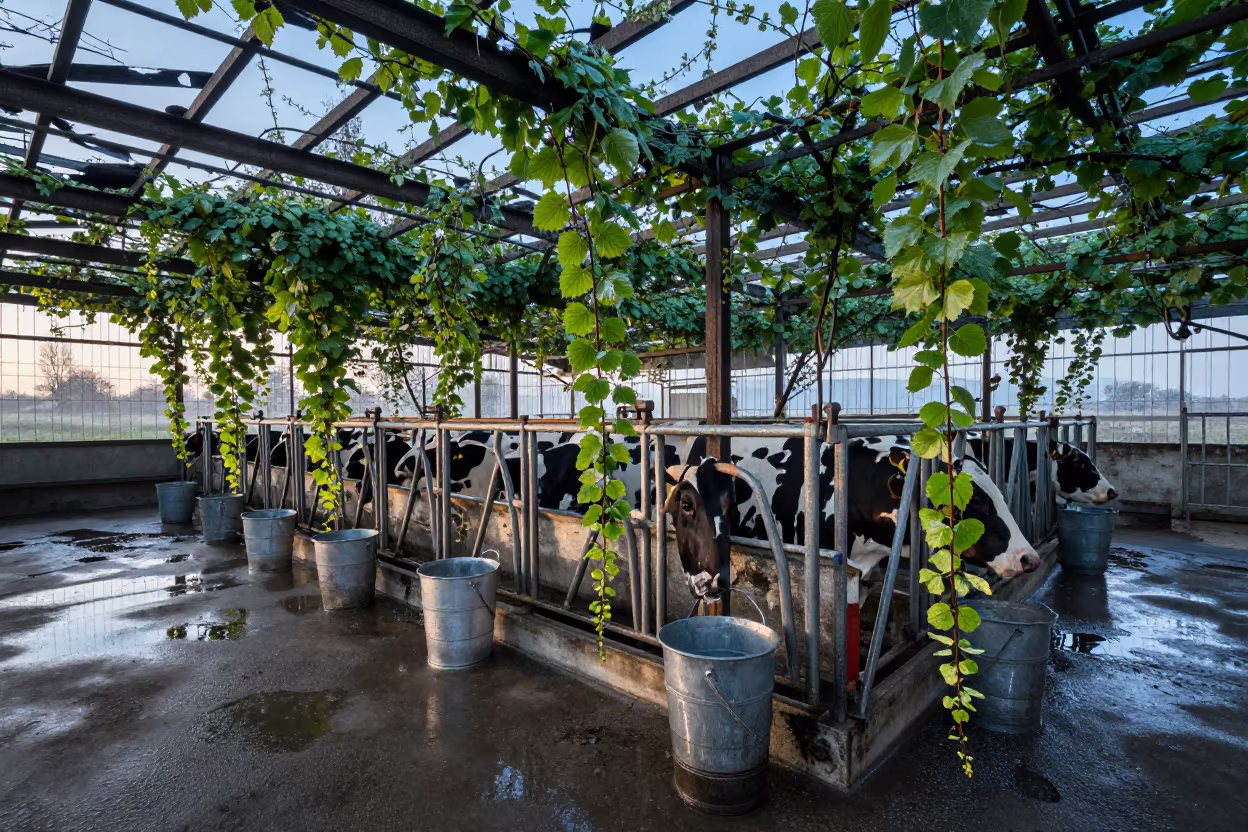 Vines reclaim derelict dairy parlor at dawn in in a dairy milking parlor near Plovdiv