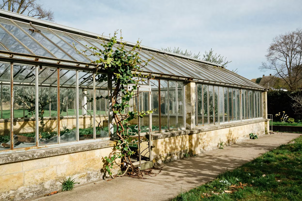 Vines Reclaiming Derelict Greenhouse Cotswolds in inside a village olive press in the Cotswolds