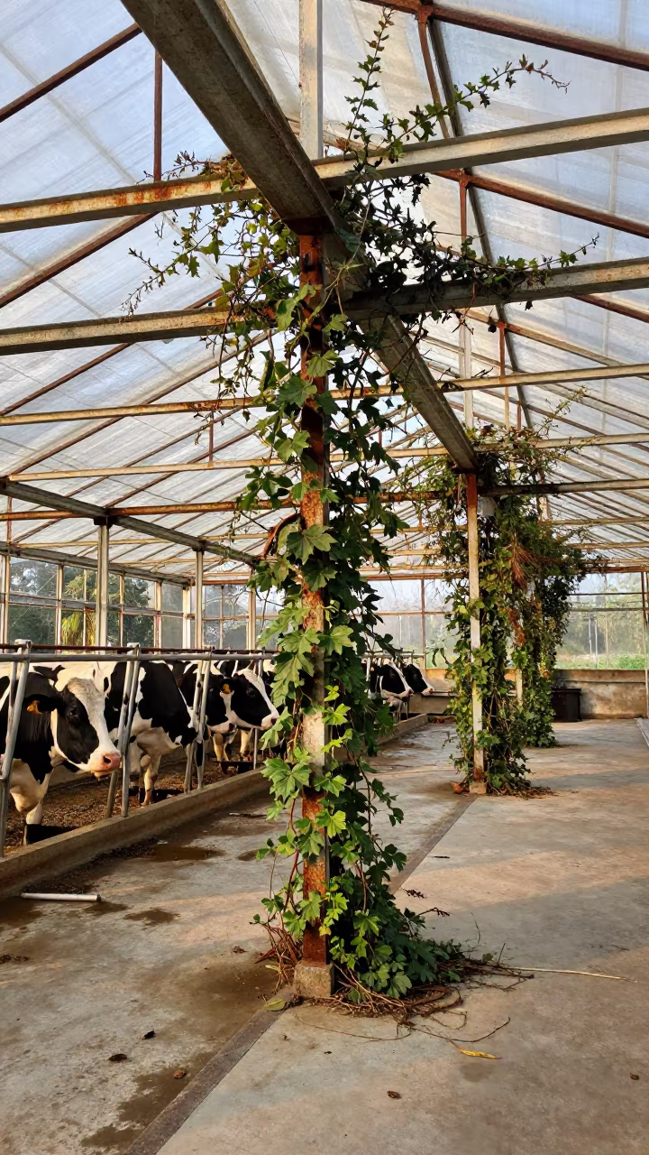 Vines reclaiming derelict greenhouse in Nagaland dairy in in a dairy milking parlor in Nagaland