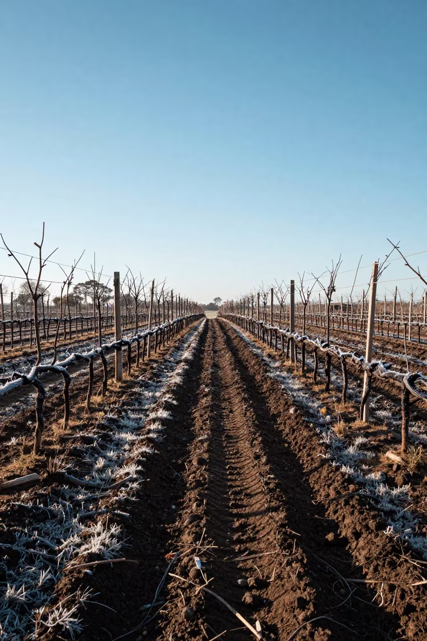 Vineyard Frost Line Creeping Down Rows at Dawn in beside a tractor track through dark soil in Durban