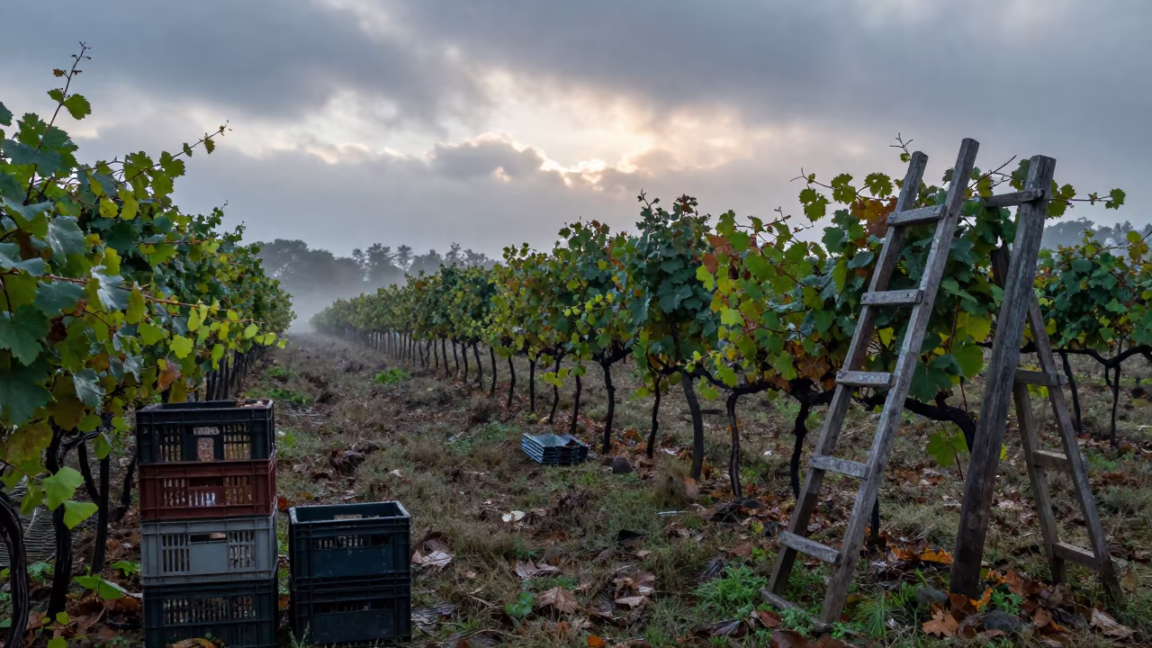 Vineyard Frost Line Creeping Down Rows at Dawn in among orchard ladders and crates in Kerala