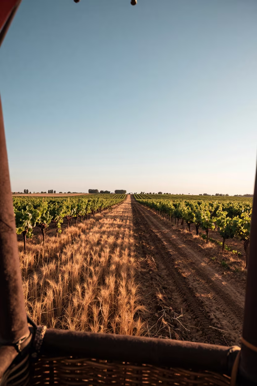 Vineyard Panorama from Hot Air Balloon Basket in beside a tractor track through dark soil near Touggourt