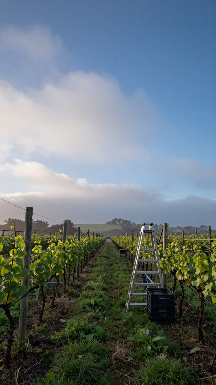 Vineyard Posts Wires Morning Haze Auckland in among orchard ladders and crates near Auckland