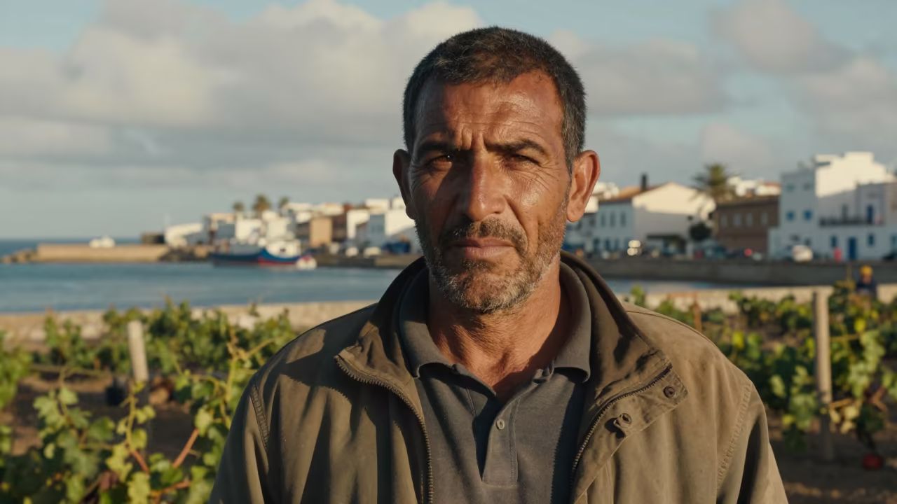 Vineyard Pruner Portrait Medina Harbor Late Autumn in at a harbor edge in Medina, Essaouira
