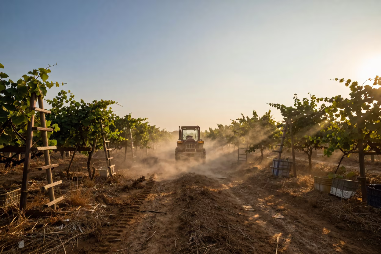 Vineyard Row in Golden Dust with Tractor Trail in among orchard ladders and crates in Indonesia