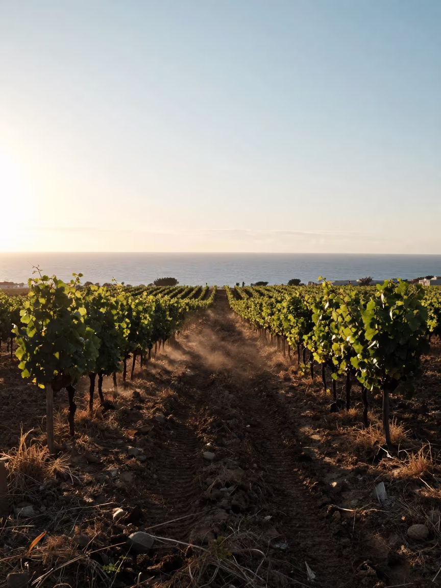 Vineyard Row Through Sulfur Dust at Sunset Near Marseille in beside a tractor track through dark soil near Marseille