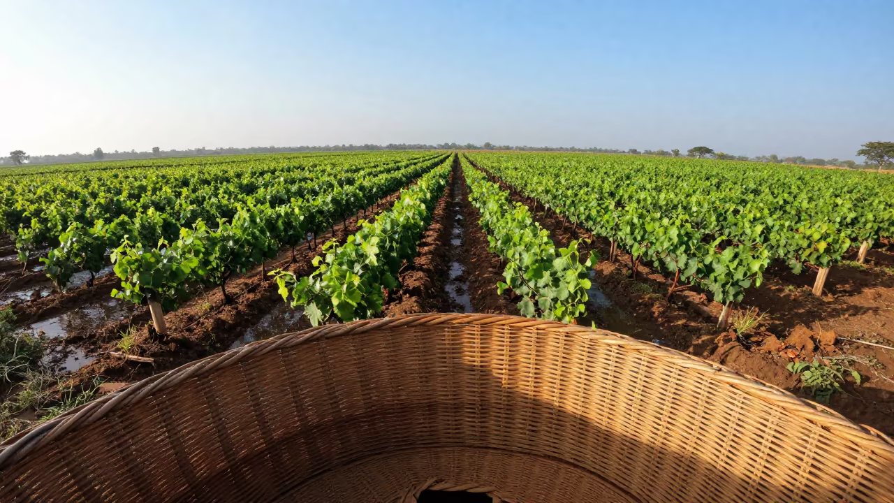 Vineyard Rows Below Balloon Basket Odisha in along freshly irrigated rows in Odisha
