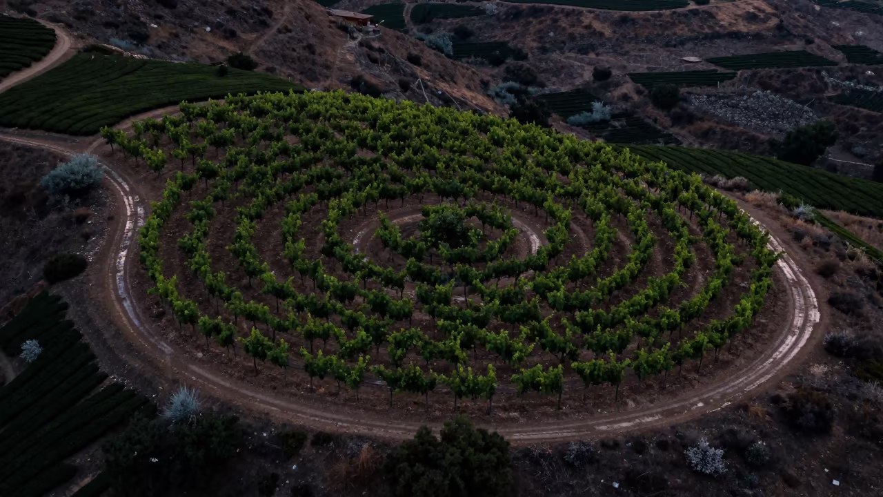 Vineyard Spiral Hillside Dusk Greece in at the edge of a tea plantation in Greece