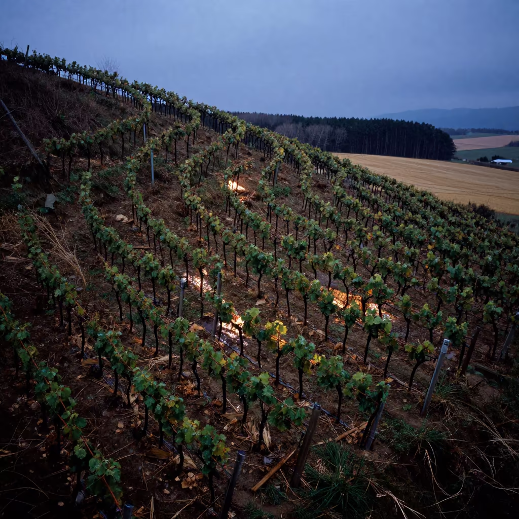 Vineyard Spiral Hillside Twilight Hokkaido Drizzle in across a harvested grain field in Hokkaido