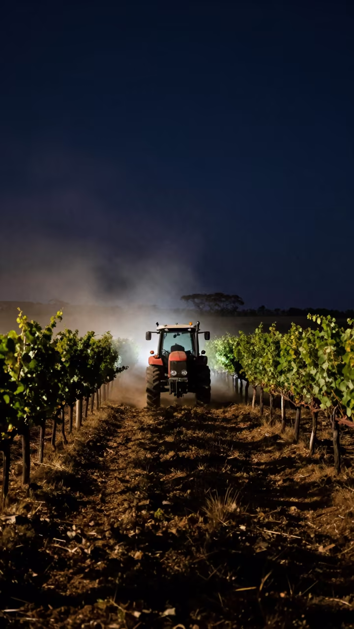 Vineyard Tractor in Night Dust Queensland in between vineyard trellises in Queensland