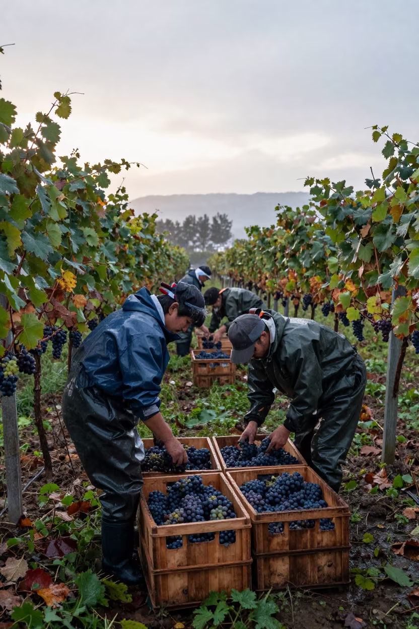 Vineyard workers harvest grapes at Hokkaido dawn in at the edge of a tea plantation in Hokkaido
