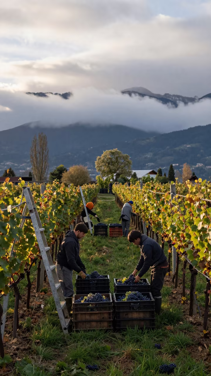 Vineyard Workers Harvesting Grapes at Dawn in among orchard ladders and crates in British Columbia