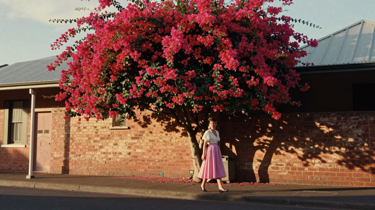 Vintage 1950s Adelaide Morning Street Scene with Bougainvillea and Local Fashion in in Adelaide, South Australia, Australia