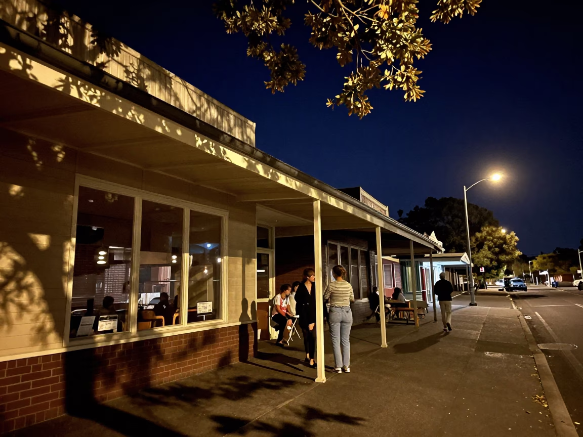 Vintage 1950s Adelaide Night Scene with Leaf Shadows and Local Life in in Adelaide, South Australia, Australia
