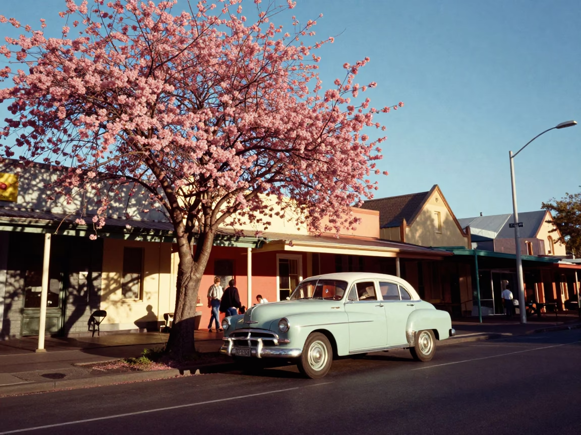 Vintage 1950s Adelaide Street Scene with Cherry Blossoms and Classic Cars in in Adelaide, South Australia, Australia