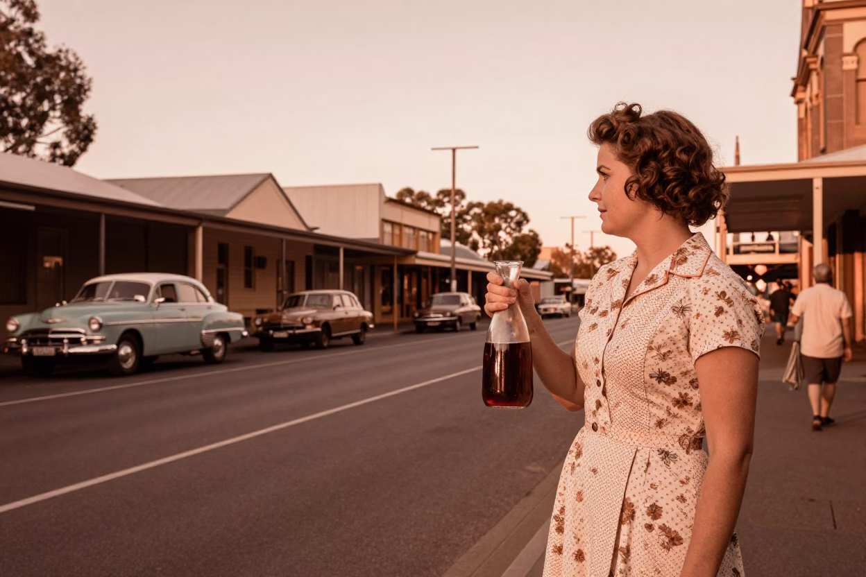 Vintage 1950s Adelaide Street Scene with Copper Toned Light Before Dusk in in Adelaide, South Australia, Australia