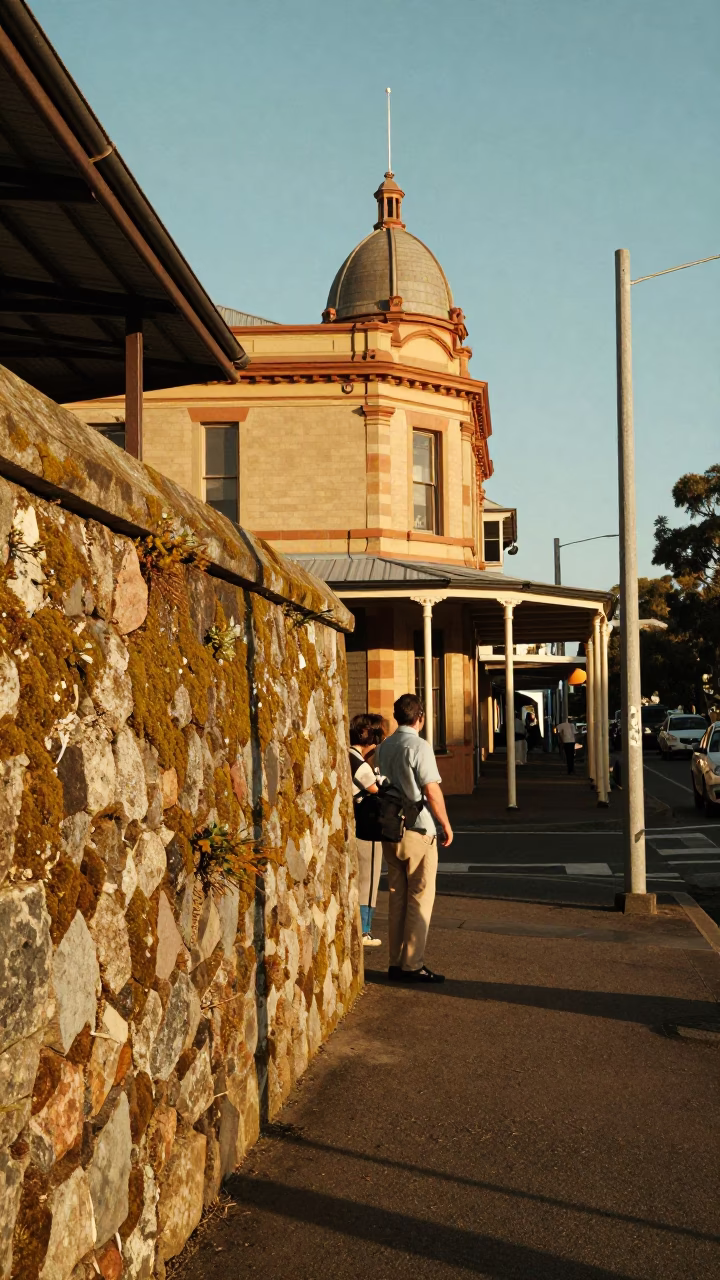 Vintage 1950s Adelaide street scene with mossy stone wall and brass details in in Adelaide, South Australia, Australia