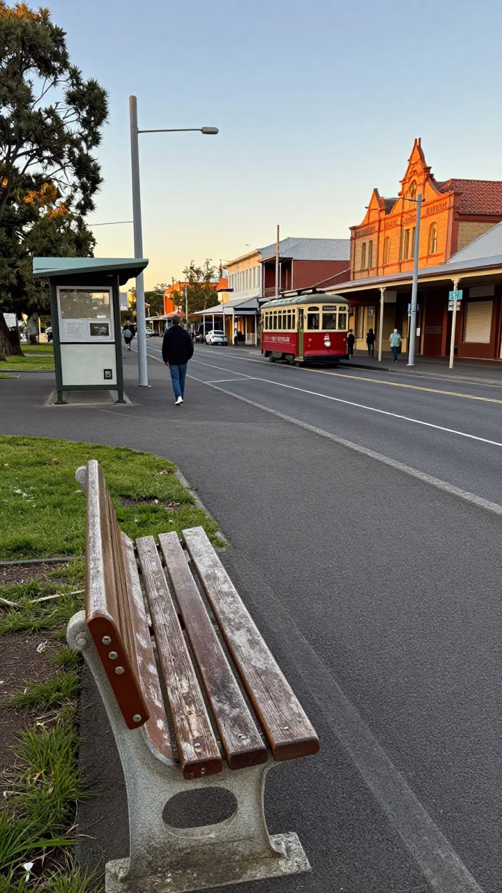 Vintage 1950s Adelaide Street Scene with Park Bench and Evening Light in in Adelaide, South Australia, Australia