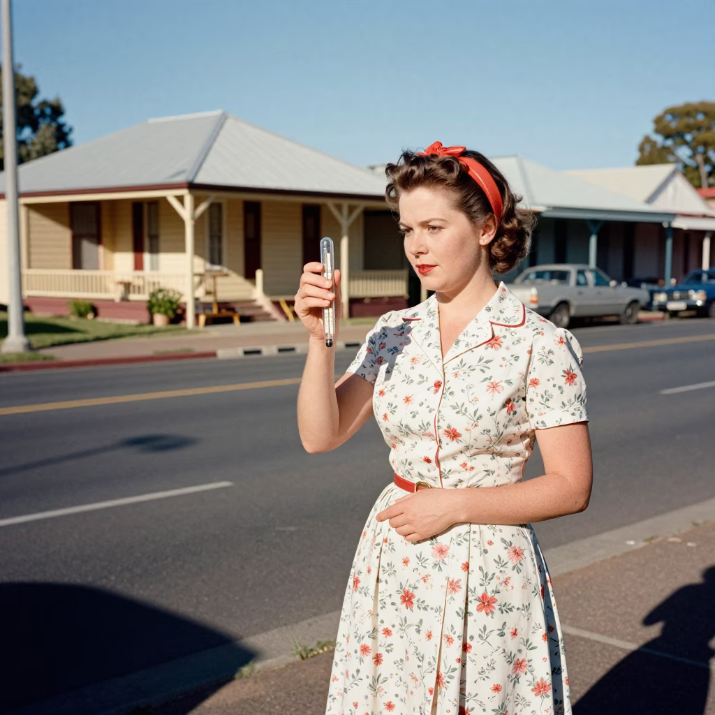 Vintage 1950s Adelaide Street Scene with Suburban Housewife and Thermometer in Early Afternoon Light in in Adelaide, South Australia, Australia