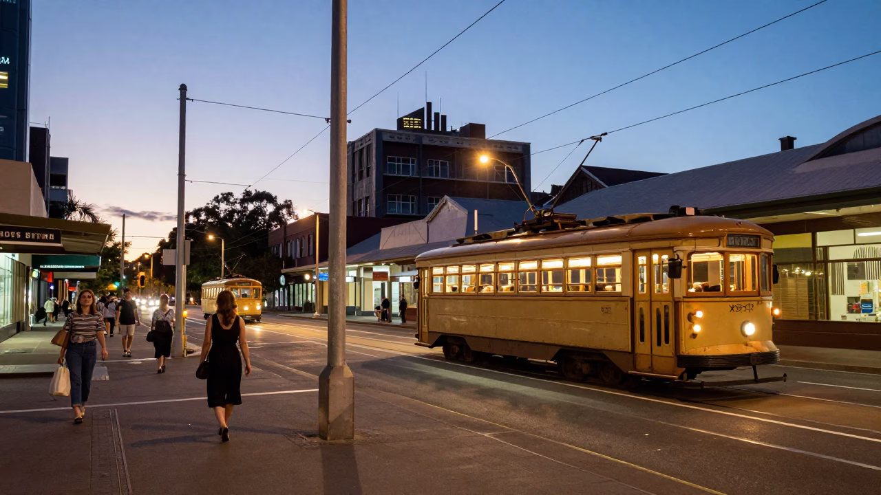 Vintage 1950s Adelaide street scene with tram and pedestrians at dusk in in Adelaide, South Australia, Australia