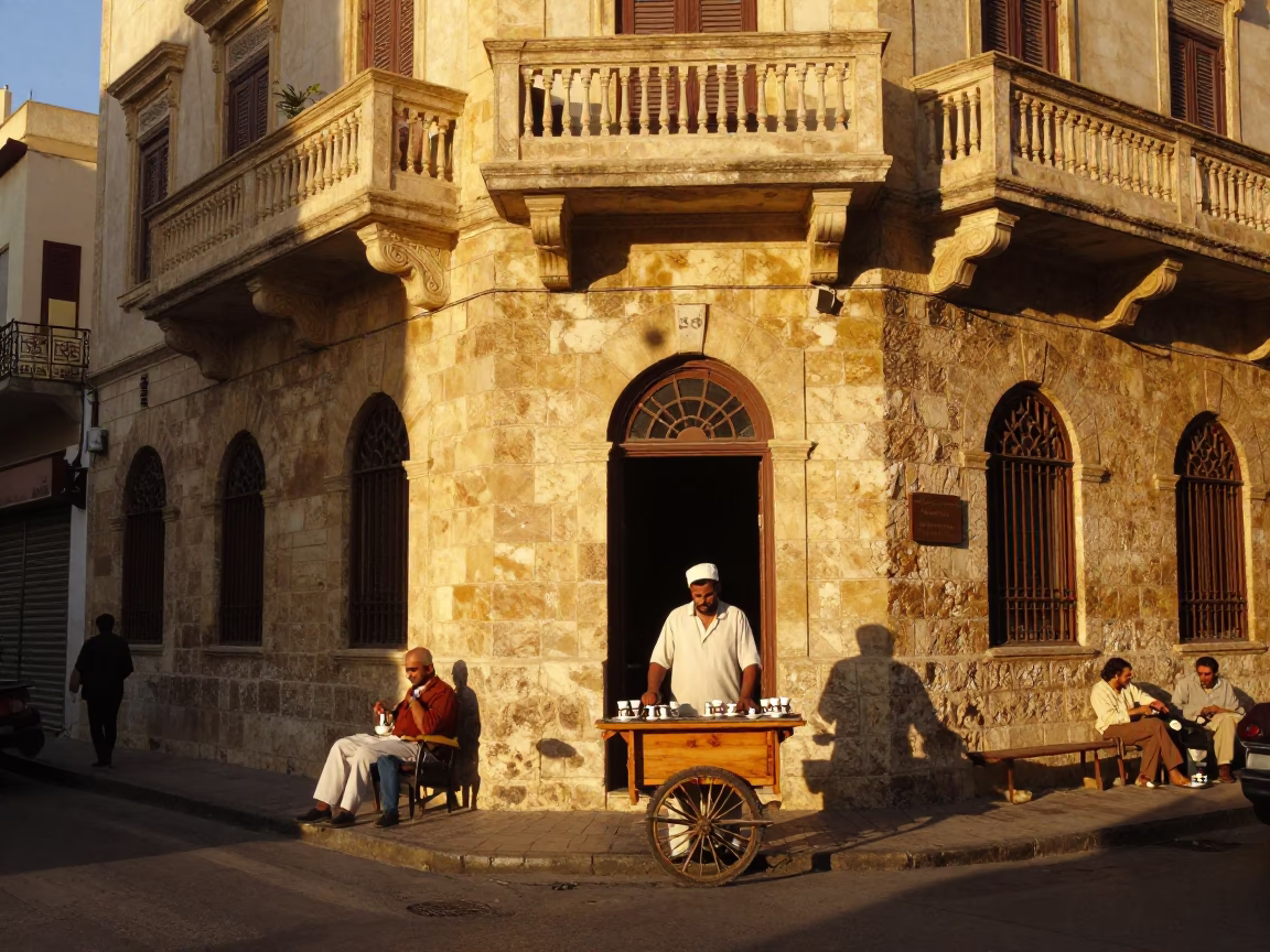 Vintage 1950s Alexandria Egypt Evening Street Scene with Traditional Tea Service in in Alexandria, Egypt