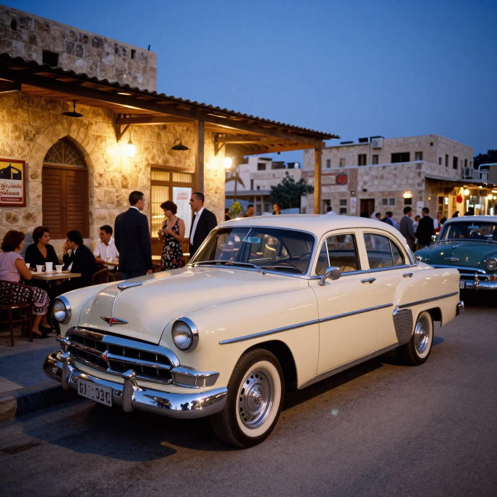Vintage 1950s American Sedan Parked Outside Busy Amman Cafe Under Indigo Twilight Sky in in Amman, Jordan