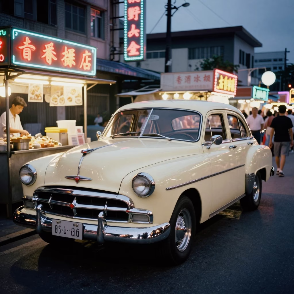 Vintage 1950s American Sedan Parked Outside Kaohsiung Night Market Stall Under Twilight Sky in in Kaohsiung, Taiwan