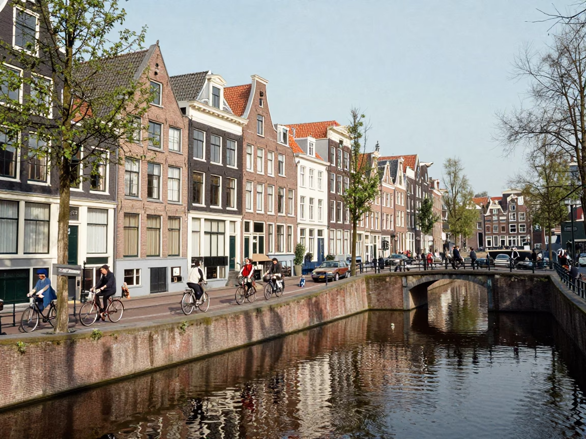 Vintage 1950s Amsterdam Canal Street Scene with Cyclists and Traditional Brick Architecture in in Amsterdam, Netherlands