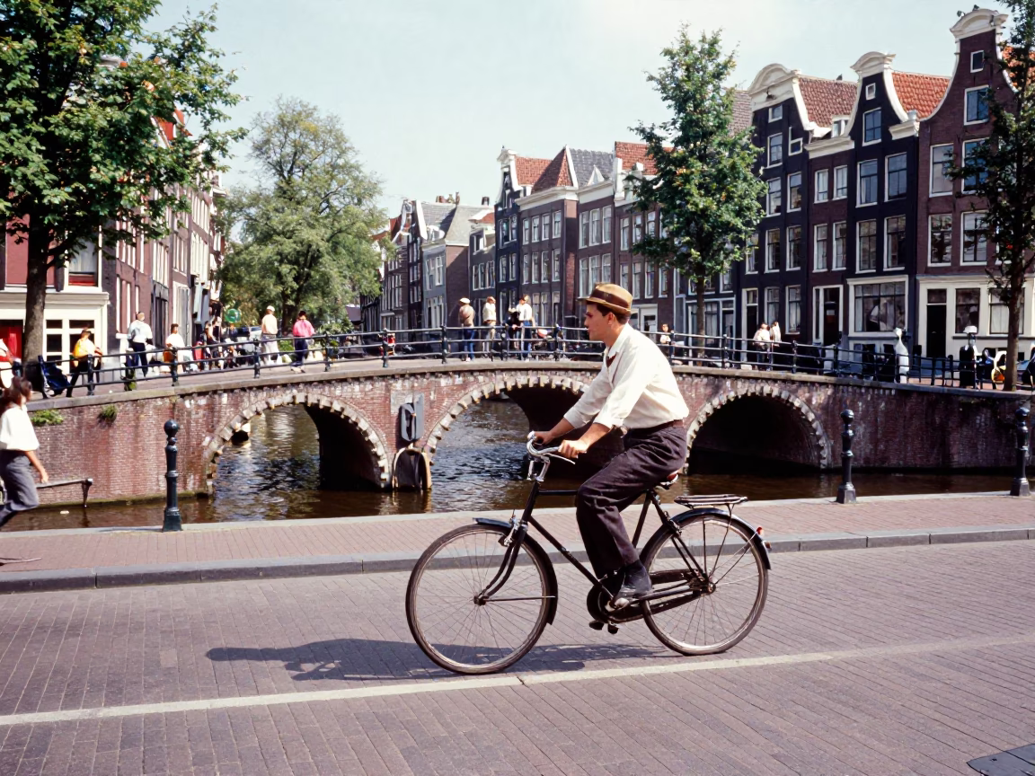 Vintage 1950s Amsterdam Street Scene with Canal Bridge and Cyclist in Bright Midmorning Light in in Amsterdam, Netherlands
