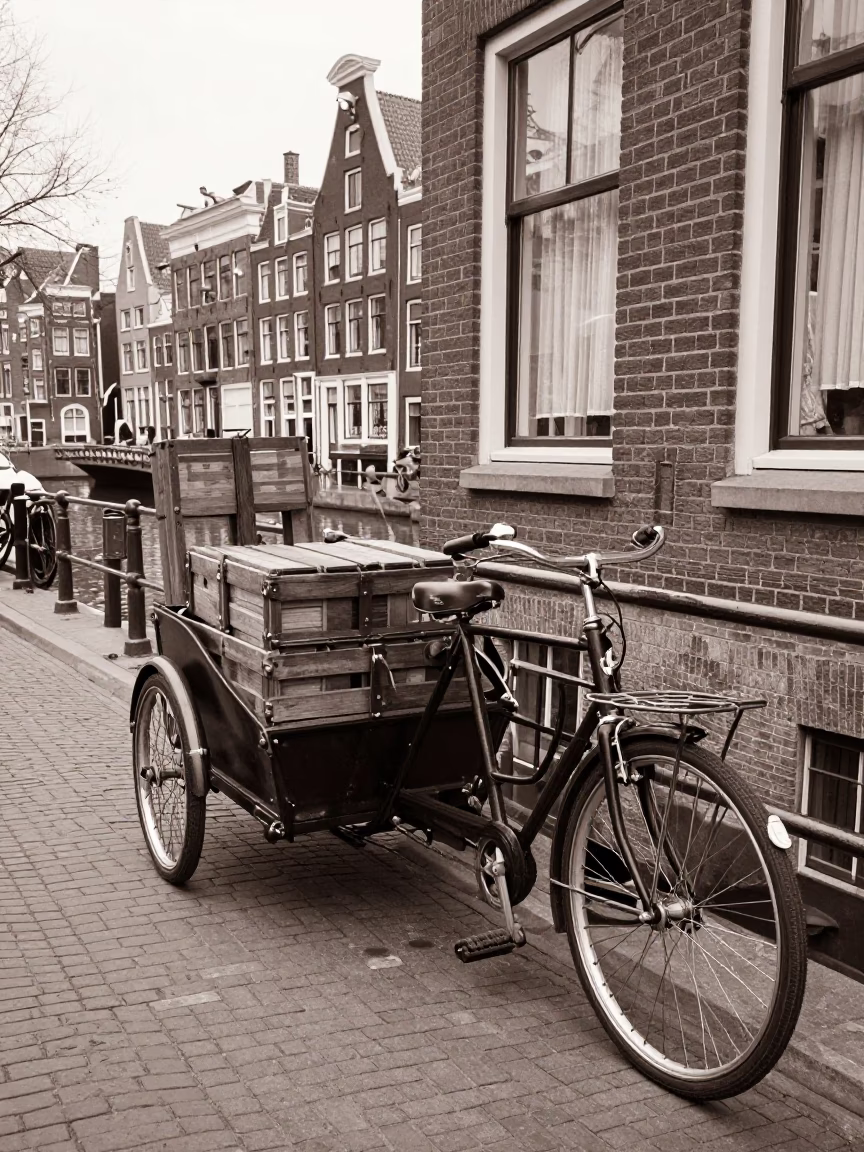 Vintage 1950s Amsterdam Street Scene with Cargo Bicycle and Copper Dusk Light in in Amsterdam, Netherlands