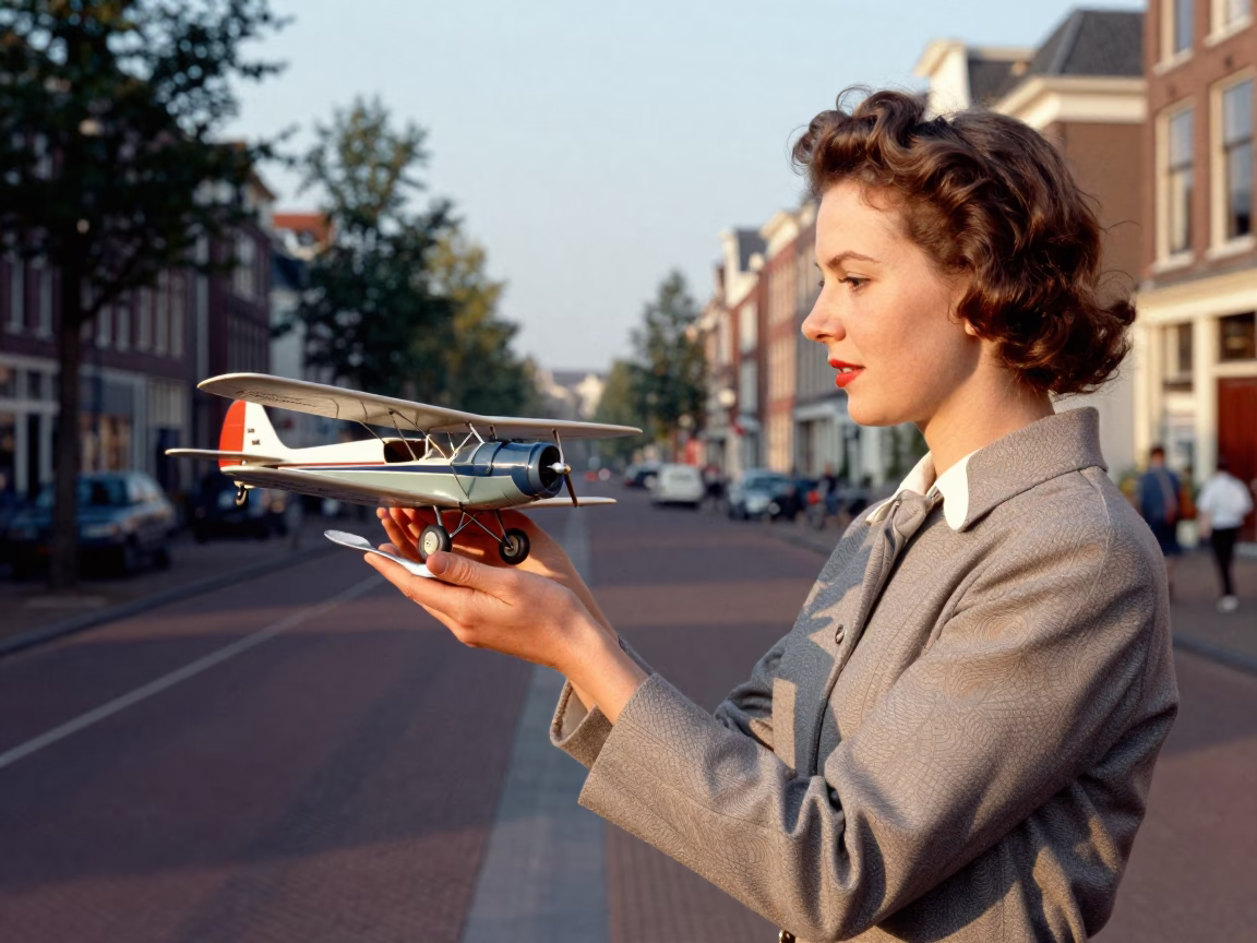 Vintage 1950s Amsterdam Street Scene with Model Airplane and Salt Spoon on Canal Bench in in Amsterdam, Netherlands