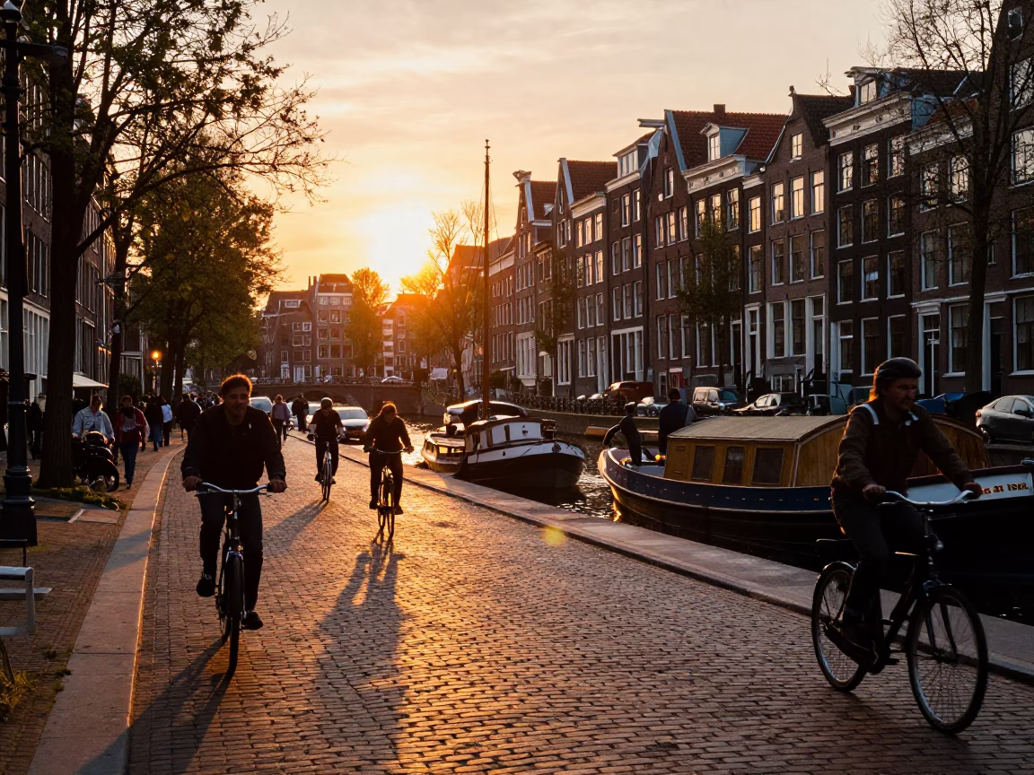 Vintage 1950s Amsterdam Sunset Street Scene with Canal Boats and Cyclists in in Amsterdam, Netherlands