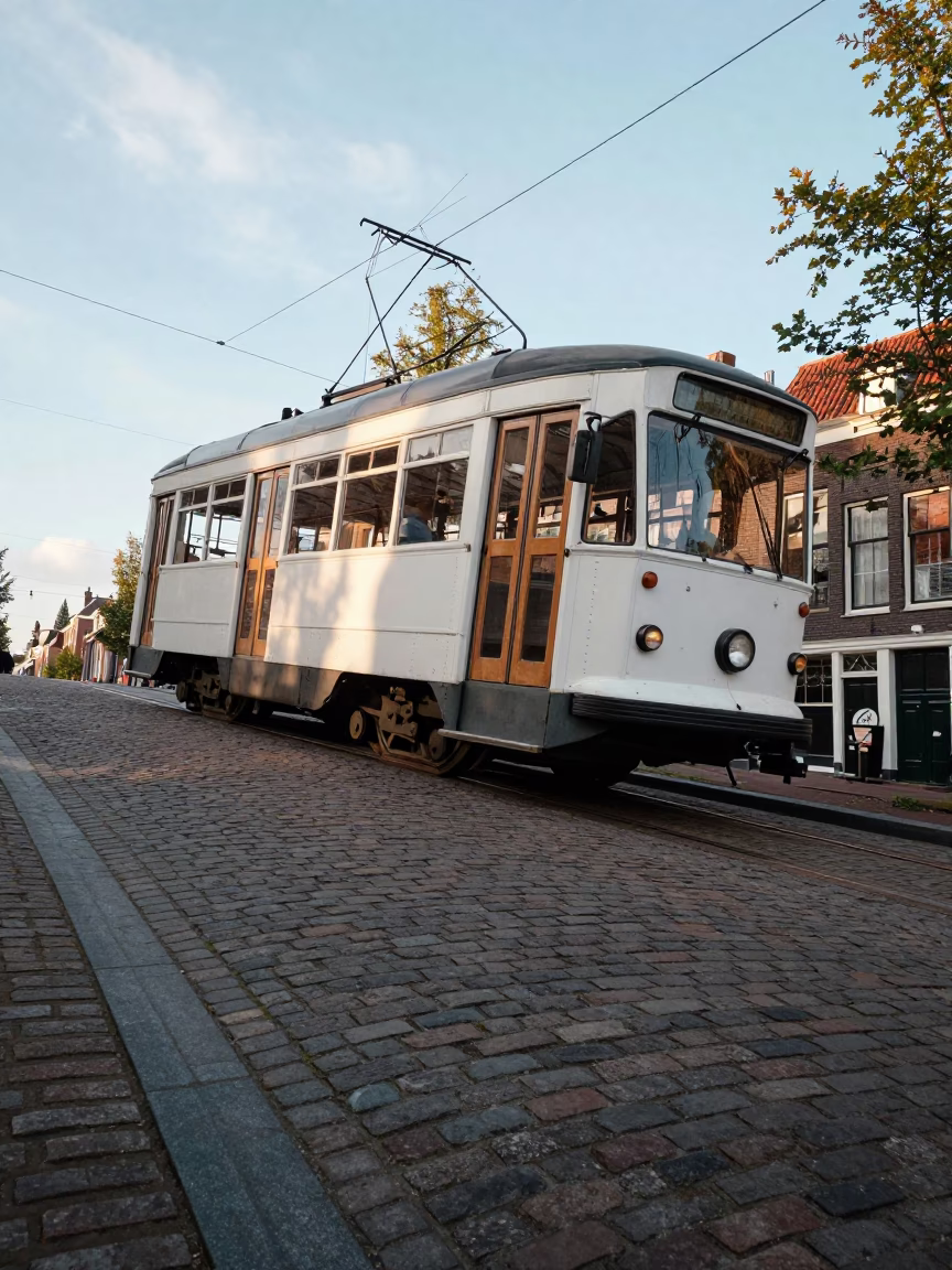 Vintage 1950s Amsterdam Tram Ascending Steep Cobblestone Hill in Early Afternoon Light in in Amsterdam, Netherlands