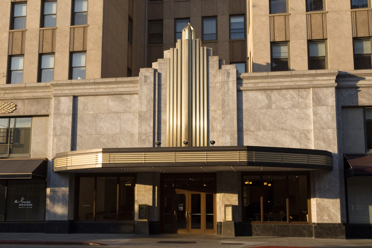 Vintage 1950s Art Deco Hotel Facade in Vancouver British Columbia at Sunset in in Vancouver, British Columbia, Canada