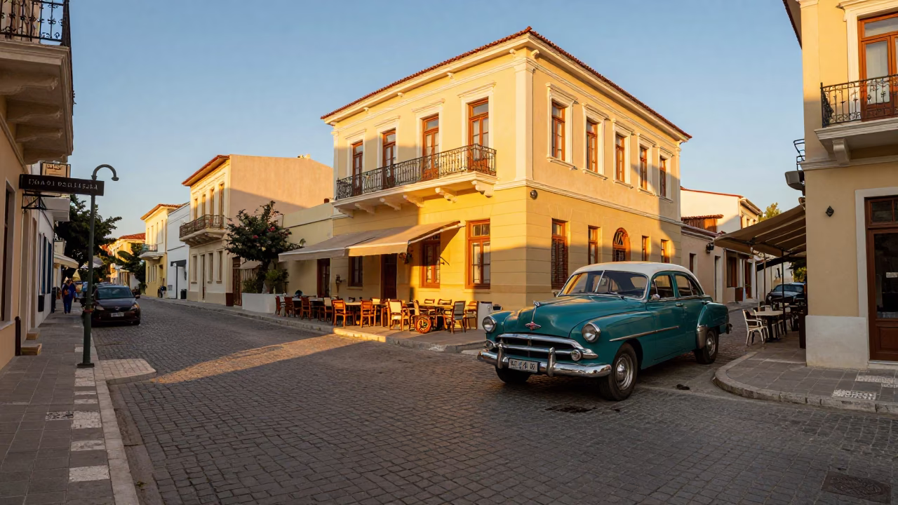 Vintage 1950s Athens Greece Evening Street Scene with Classic Car and Vase in in Athens, Greece