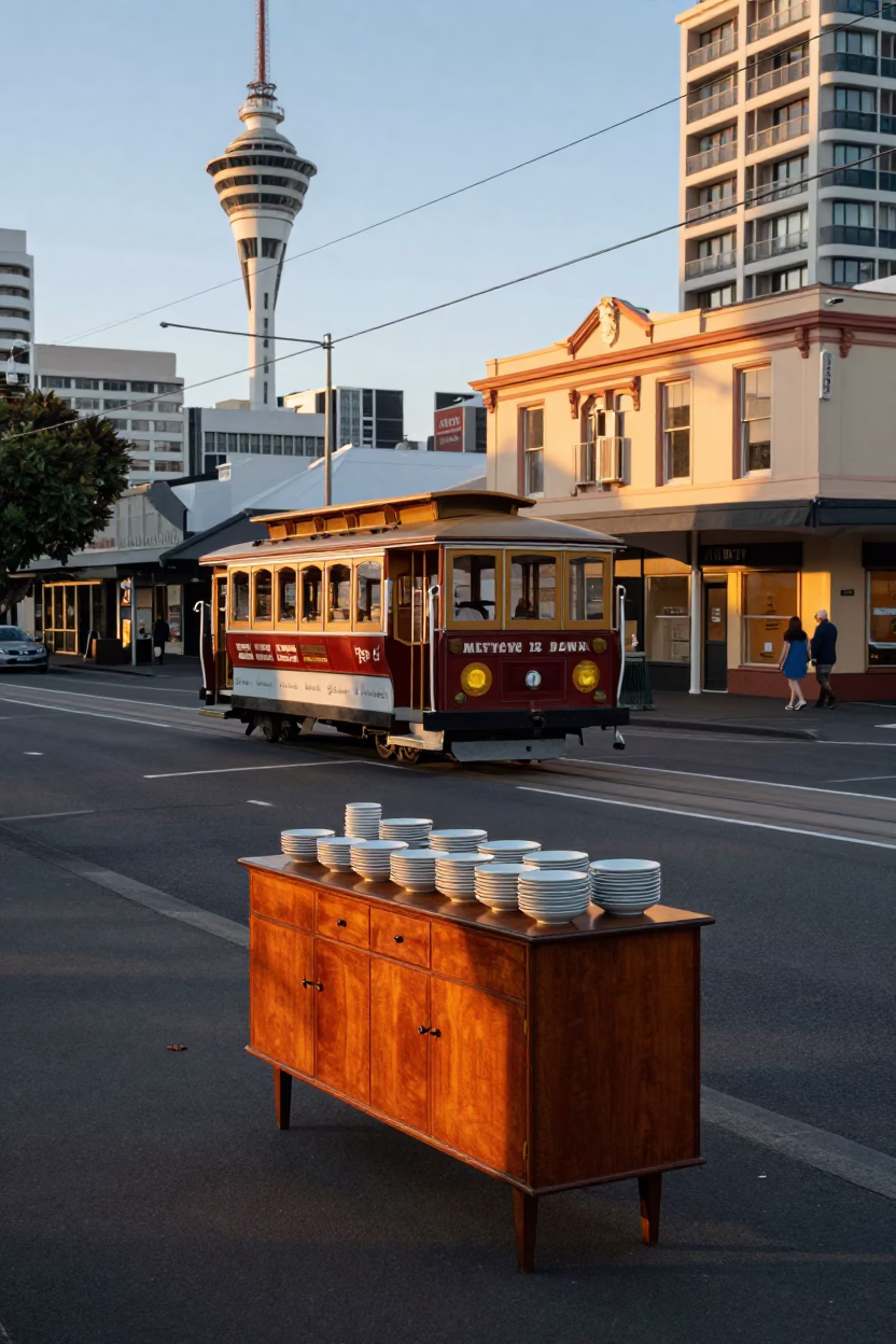 Vintage 1950s Auckland Dawn Street Scene with Cable Car and Local Interaction in in Auckland, New Zealand