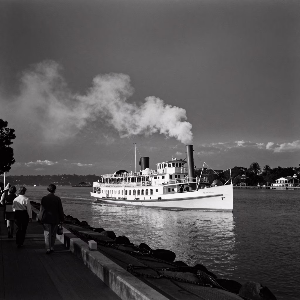 Vintage 1950s Auckland Night Street Scene with Steamboat and City Lights in in Auckland, New Zealand