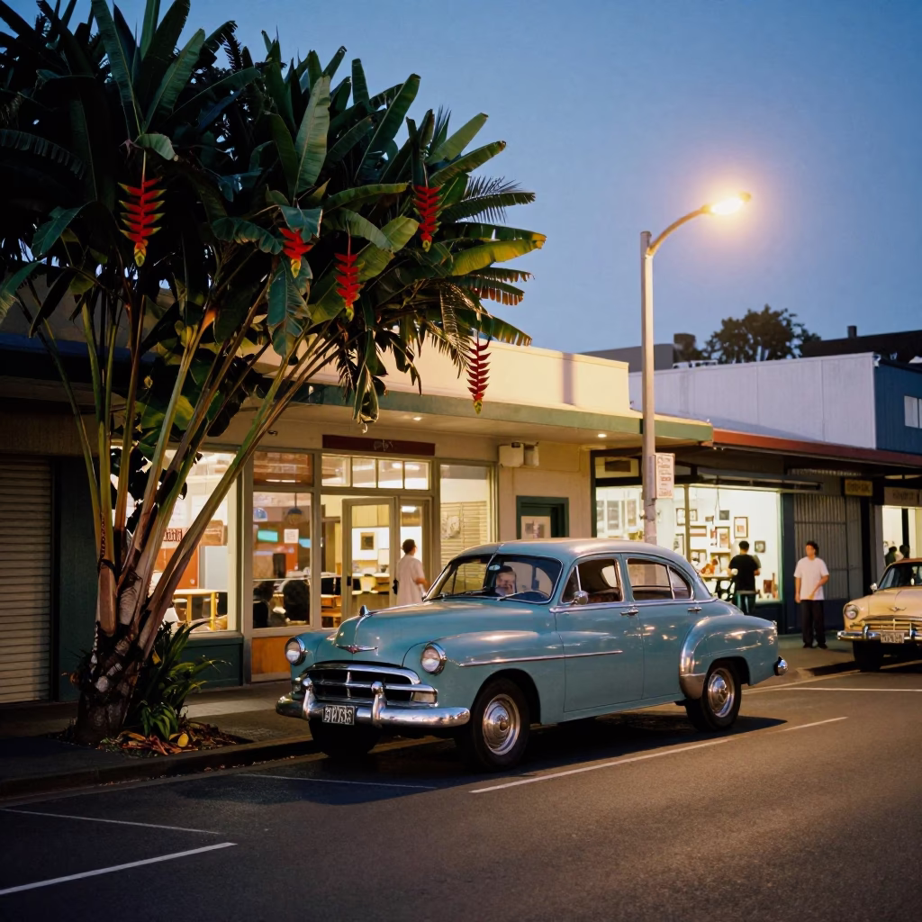 Vintage 1950s Auckland Street Scene at Twilight with Heliconia and Classic Car in in Auckland, New Zealand