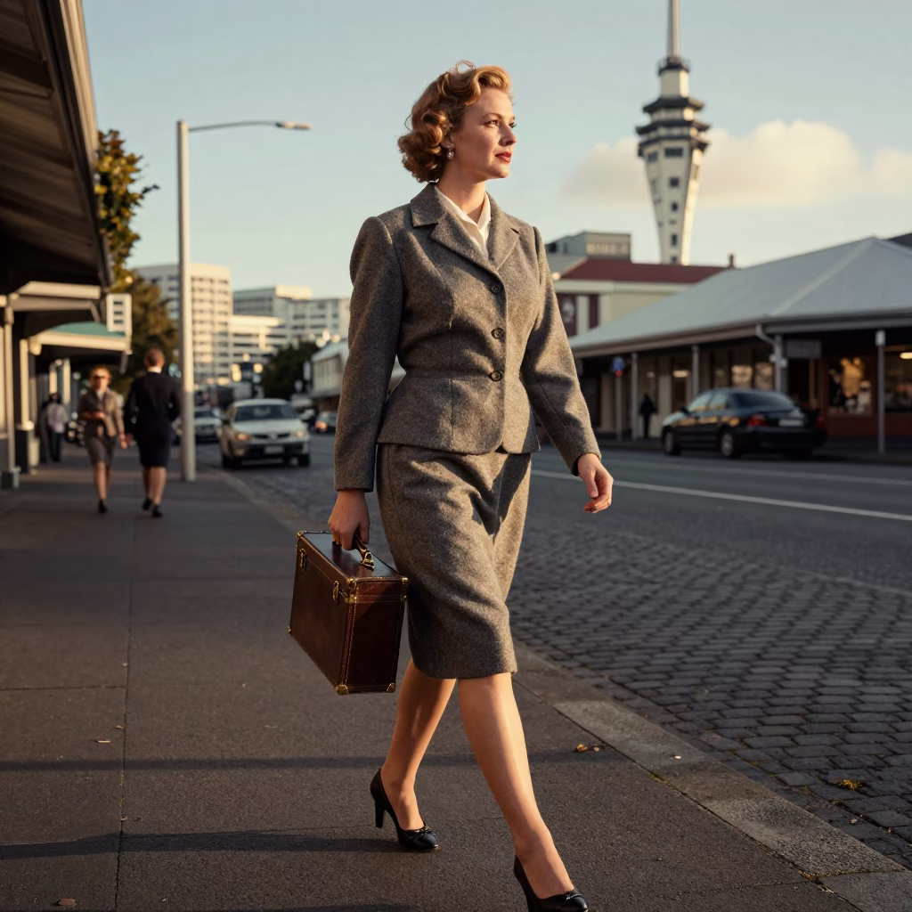 Vintage 1950s Auckland Street Scene Late Afternoon High Fashion Woman with Lockbox in in Auckland, New Zealand