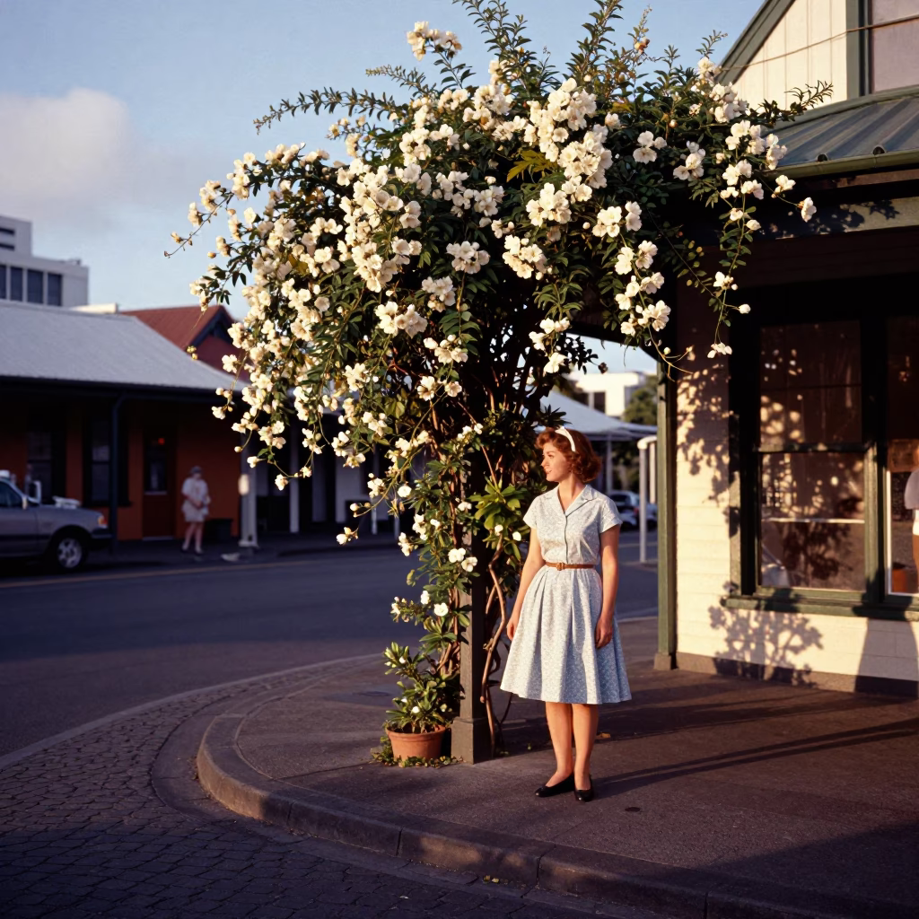 Vintage 1950s Auckland Street Scene with Climbing Jasmine Trellis and Local Market Goods in in Auckland, New Zealand