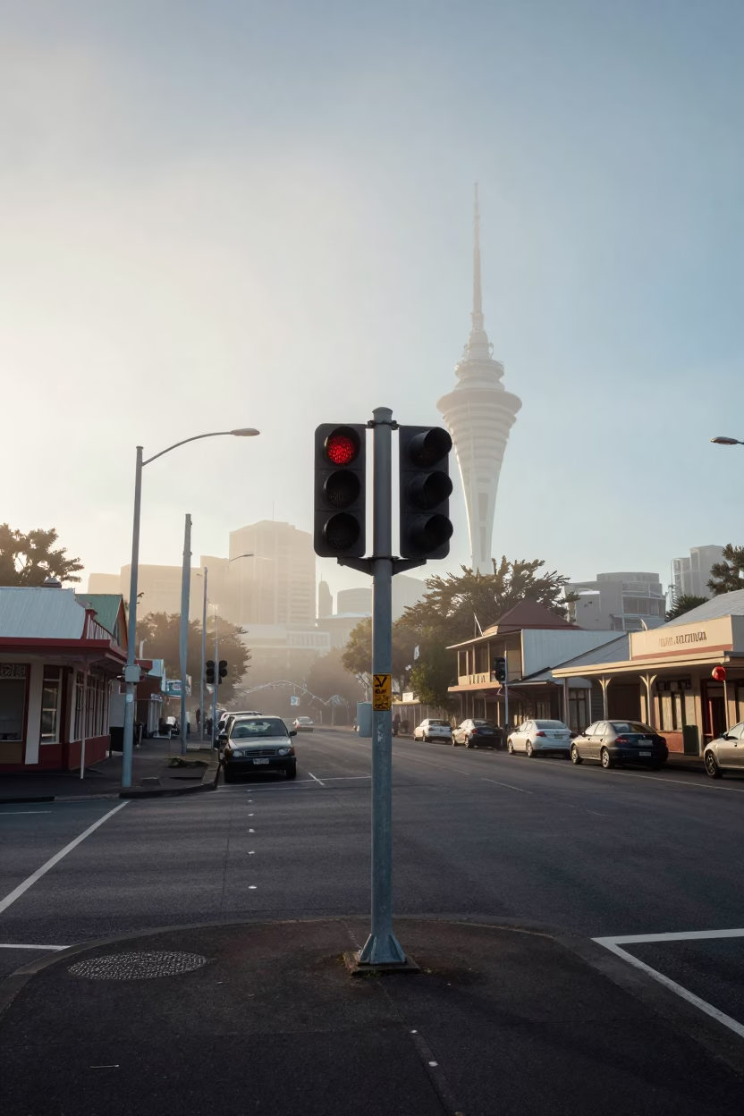 Vintage 1950s Auckland Street Scene with Signal Gantry and Morning Mist in in Auckland, New Zealand