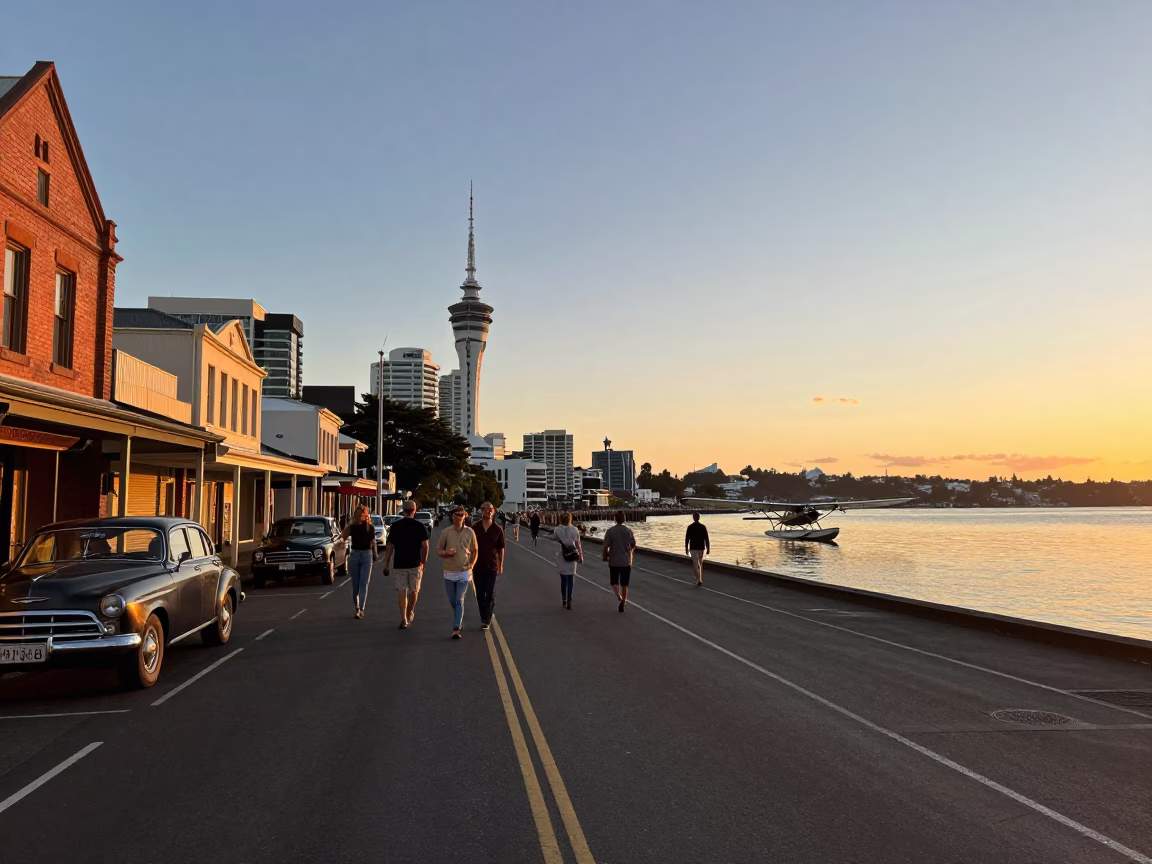 Vintage 1950s Auckland Sunset Street Scene with Seaplane and Urban Activity in in Auckland, New Zealand