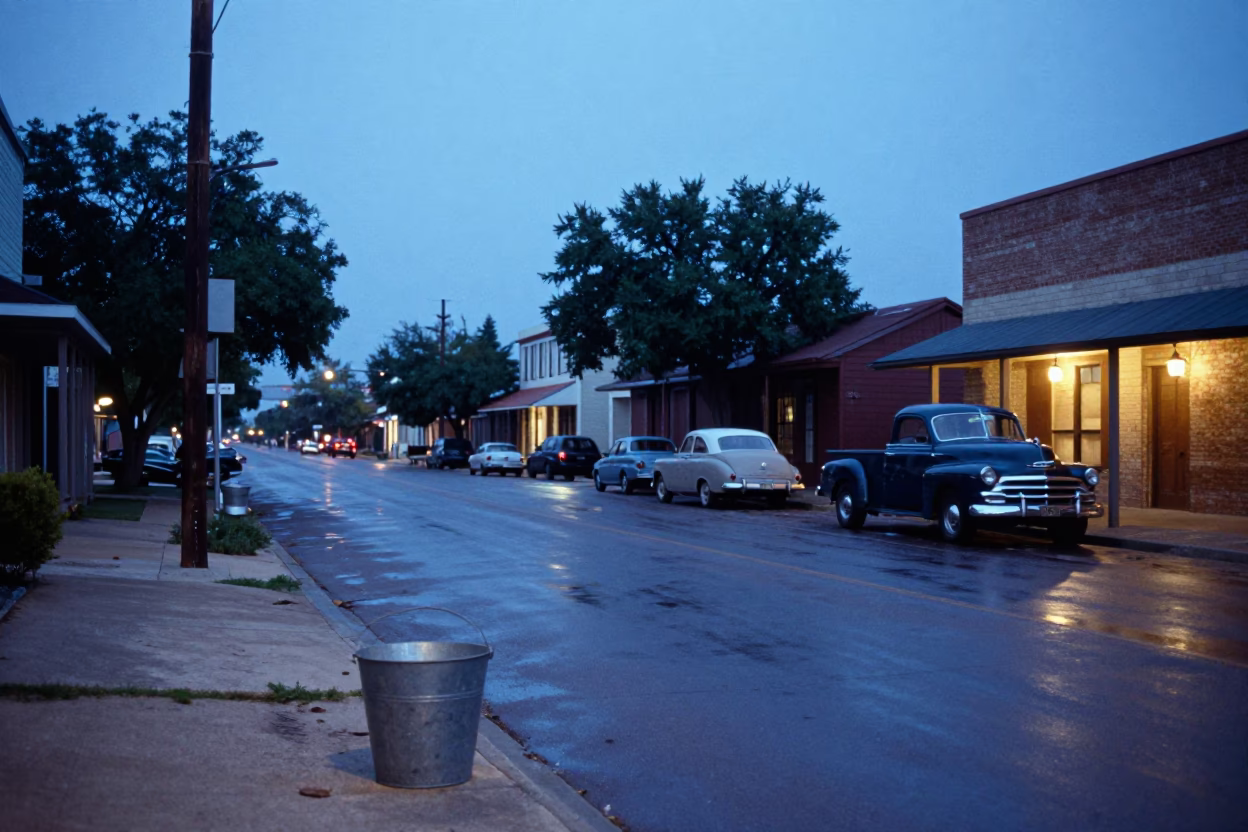 Vintage 1950s Austin Texas Dawn Street Scene with Metal Bucket and Leather Basketball in in Austin, Texas, United States