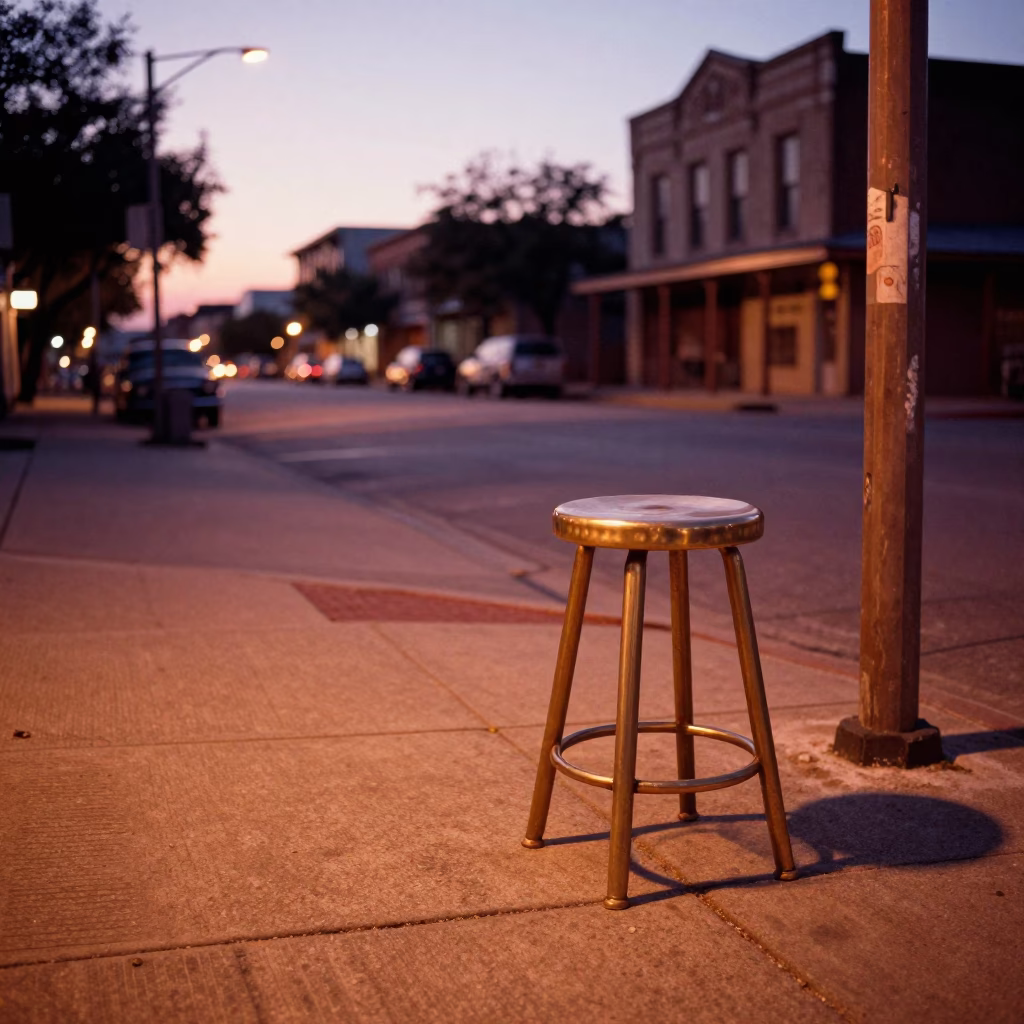 Vintage 1950s Austin Texas Dusk Street Scene with Brass Stool and City Lights in in Austin, Texas, United States