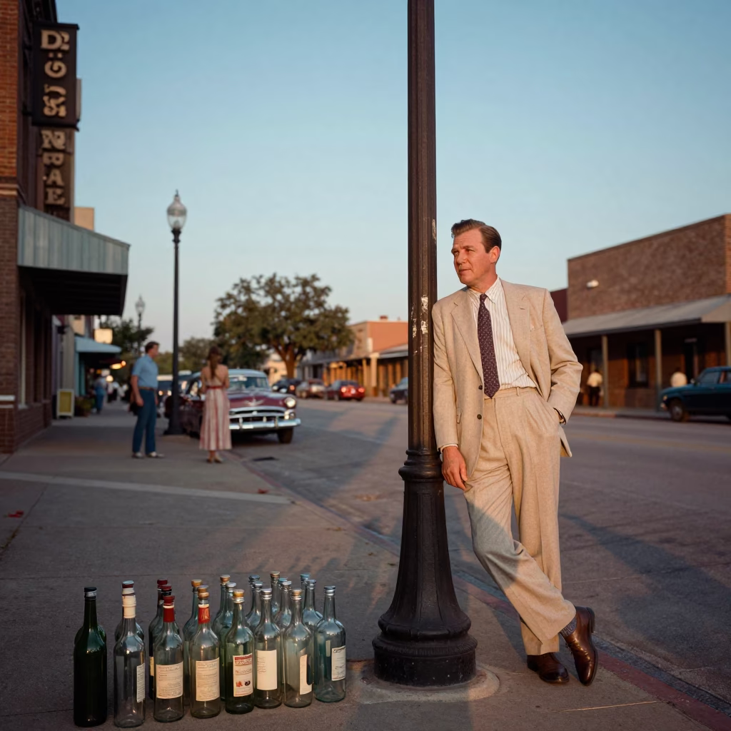 Vintage 1950s Austin Texas Evening Scene with Glass Bottles and Metal Bucket on Sidewalk in in Austin, Texas, United States