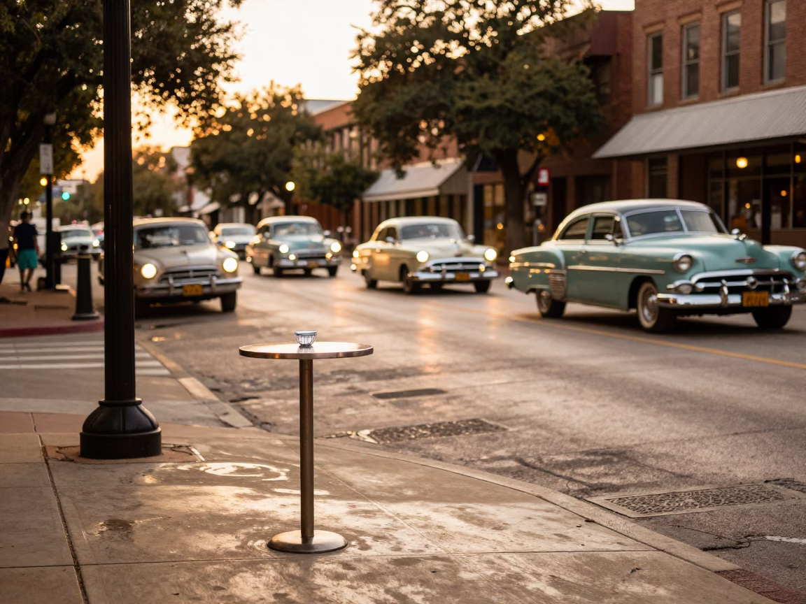 Vintage 1950s Austin Texas Evening Scene with Valet Stand and Hotel Awning Reflections in in Austin, Texas, United States